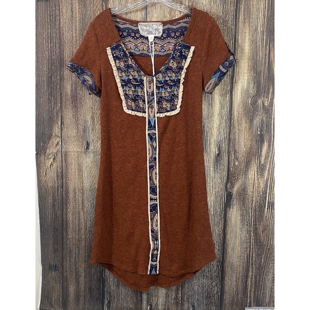 Nick & Mo Womens Roll Tab Short Sleeve Ribbed Knit Dress Sz Small Rust/Brown New